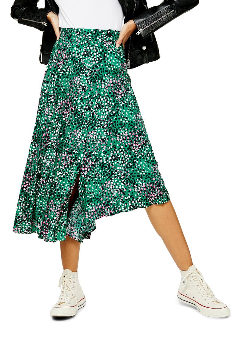 Painted Spot Pleat Midi Skirt, Main, color, GREEN MULTI