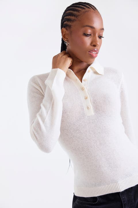 Amaya Button 100% Cashmere Polo Top