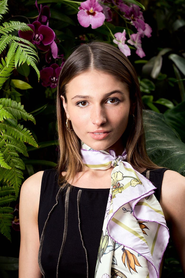 X NYBG "Orchid Symphony" Silk Bandana Scarf, Alternate, color, Beige