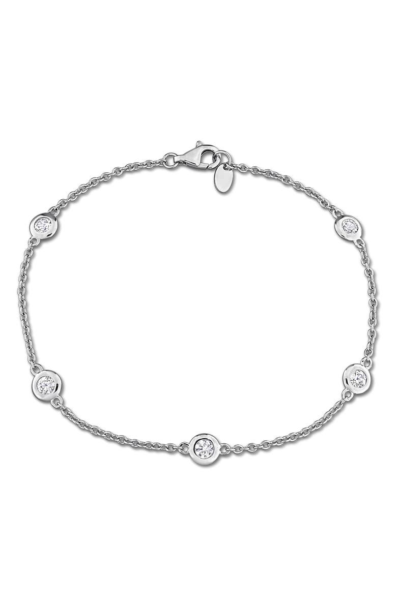 DELMAR Lab Created White Sapphire Station Bracelet, Main, color, Metallic Silver