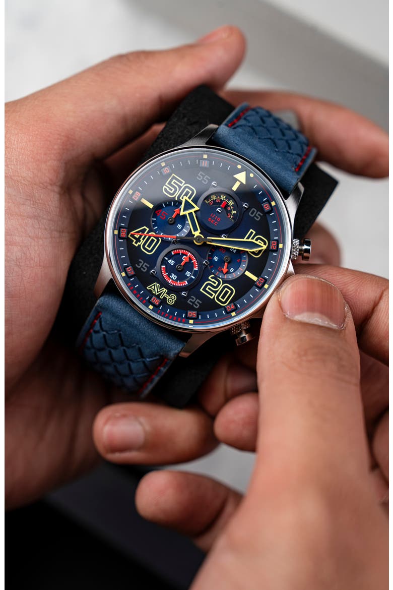 Hawker Typhoon Coningham Baldwin Chronograph Leather Strap Watch, 42mm, Alternate, color, BLUE