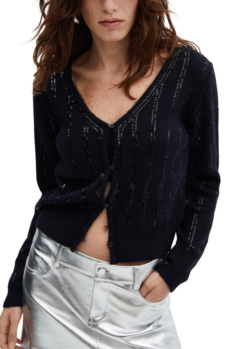 MANGO Sequin Stripe V-Neck Cardigan, Main, color, 