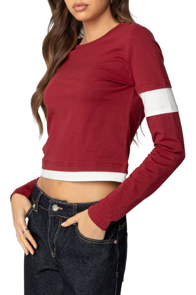Paula Layered Look Long Sleeve Cotton T-Shirt, Alternate, color, BURGUNDY