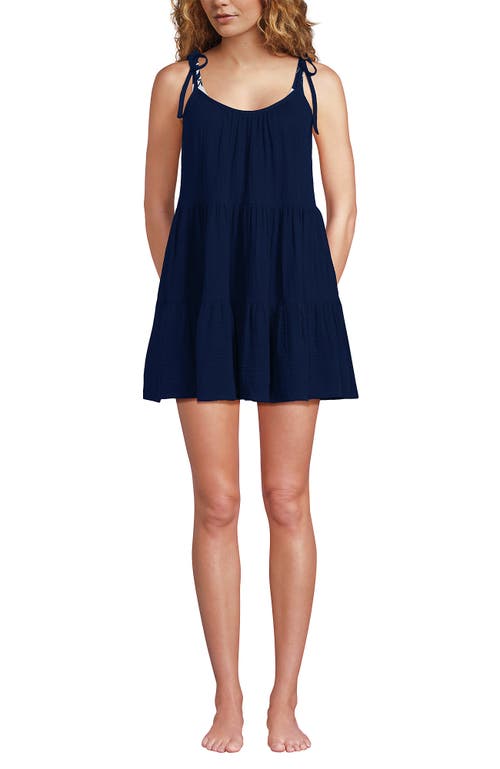 Lands' End Cotton Gauze Metallic Tiered Mini Cover-up Dress In Blue