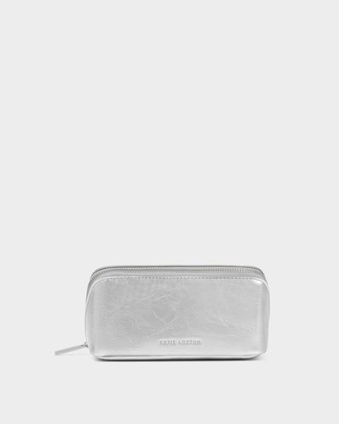 Patent Crackle Fold-Out Mirror Makeup Bag in Silver