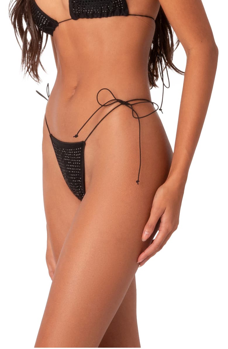 EDIKTED Shimmer Rhinestone Side Tie Bikini Bottoms, Alternate, color, Black