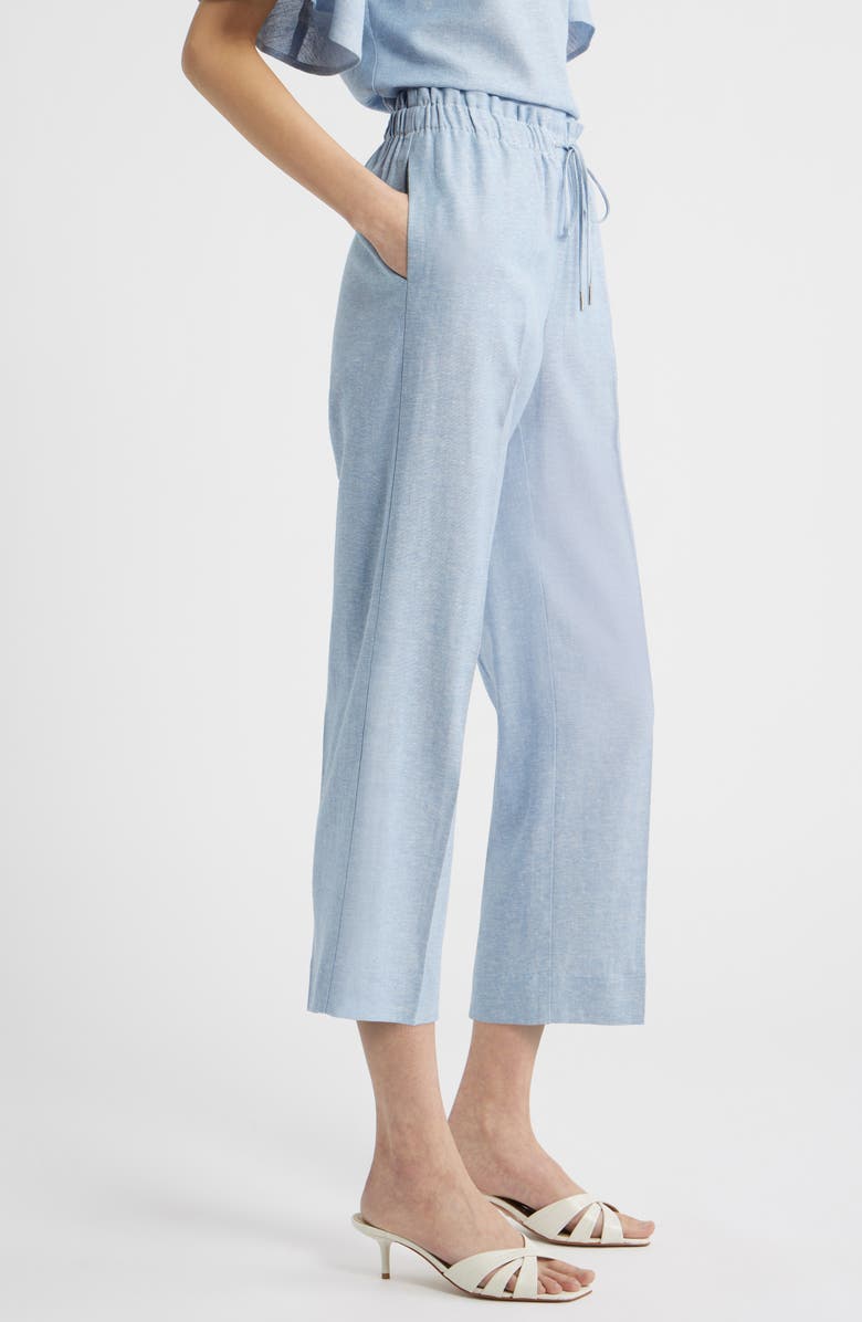 Anne Klein Ankle Straight Leg Linen Blend Drawstring Pants, Alternate, color, Lagoon/ Crisp White