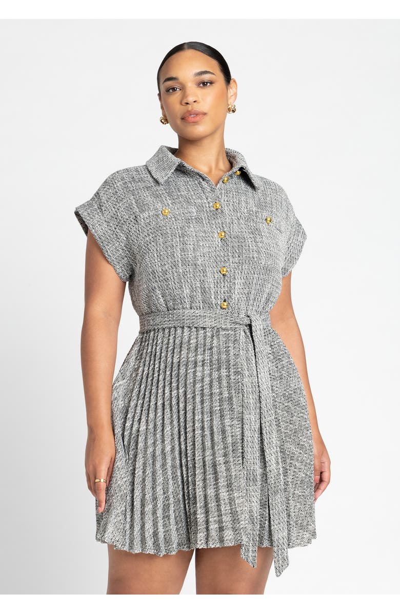 ELOQUII Tweed Pleated Mini Shirt Dress, Alternate, color, Black And White