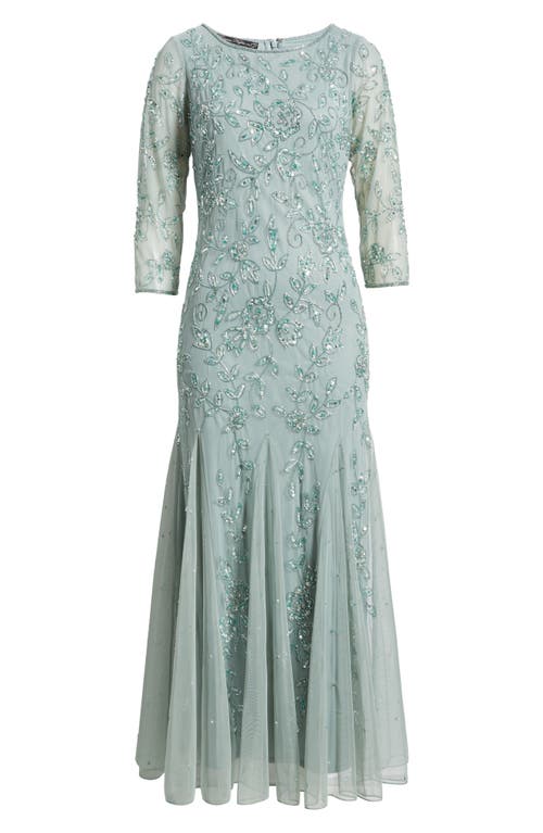Pisarro Nights Floral Beaded Tulle Gown In Soft Sage