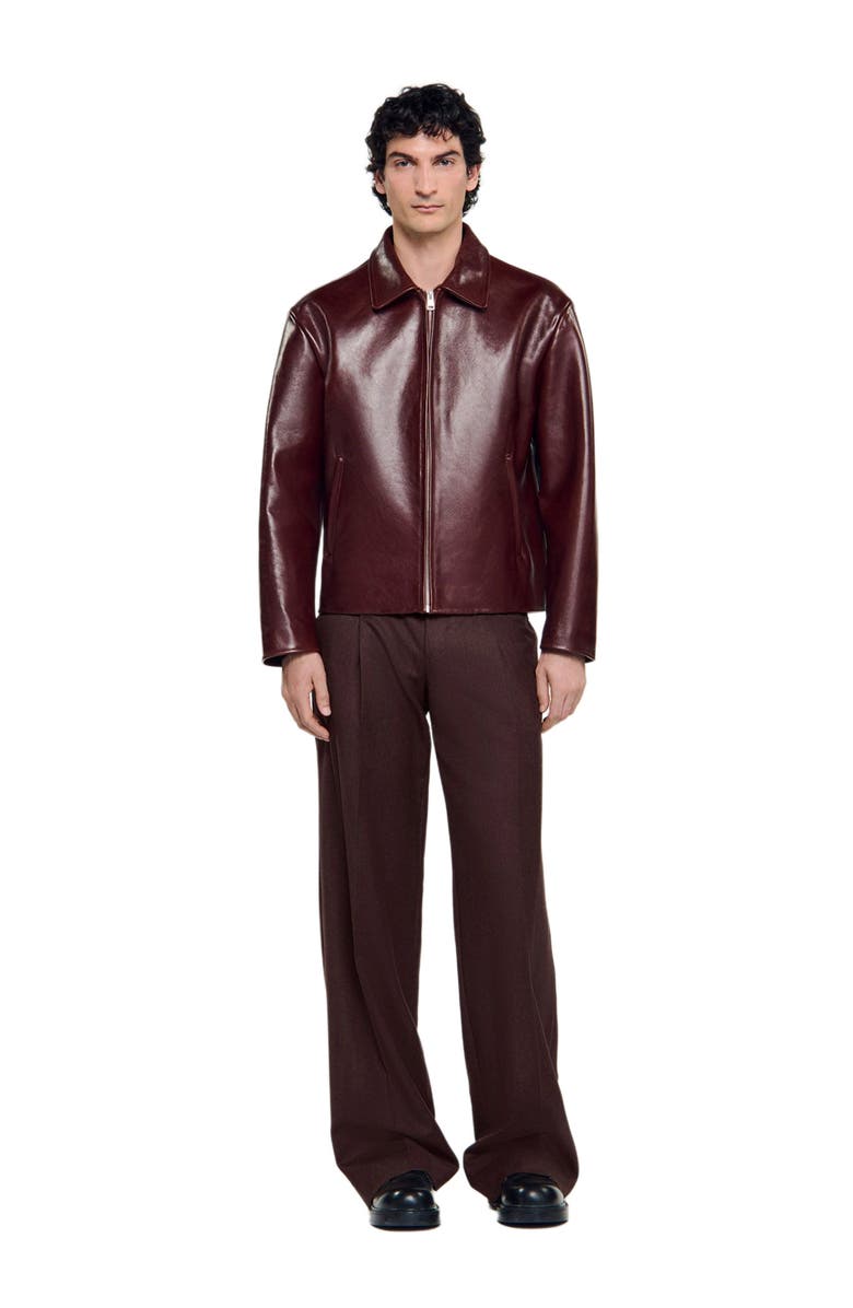 SANDRO Classic zip-up leather jacket, Main, color, Cognac