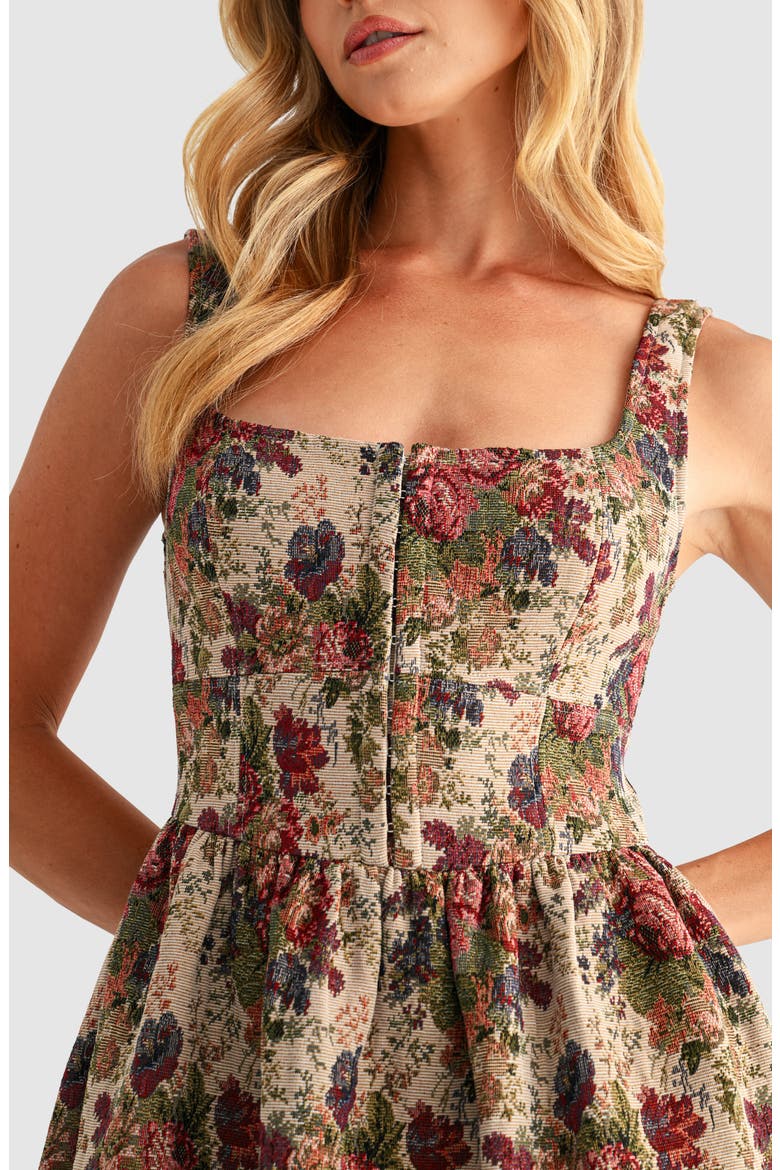 Tapestry Corset Fit & Flare Midi Dress, Alternate, color, TAUPE MULTI