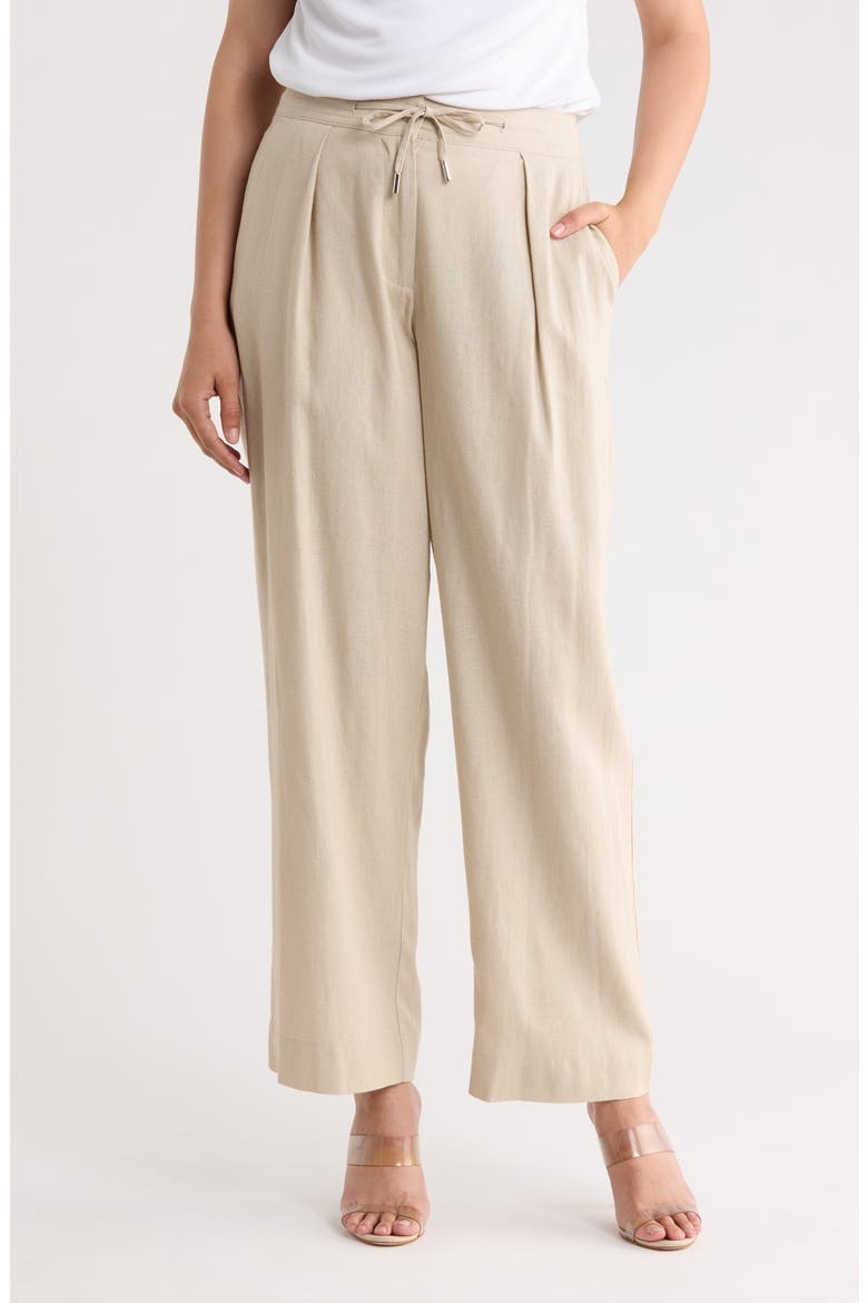 Pleated Linen Drawstring Wide Leg Pants, Main, color, PEBBLE