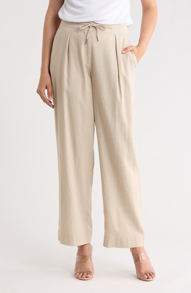 DKNY Pleated Linen Drawstring Wide Leg Pants, Main, color, Pebble