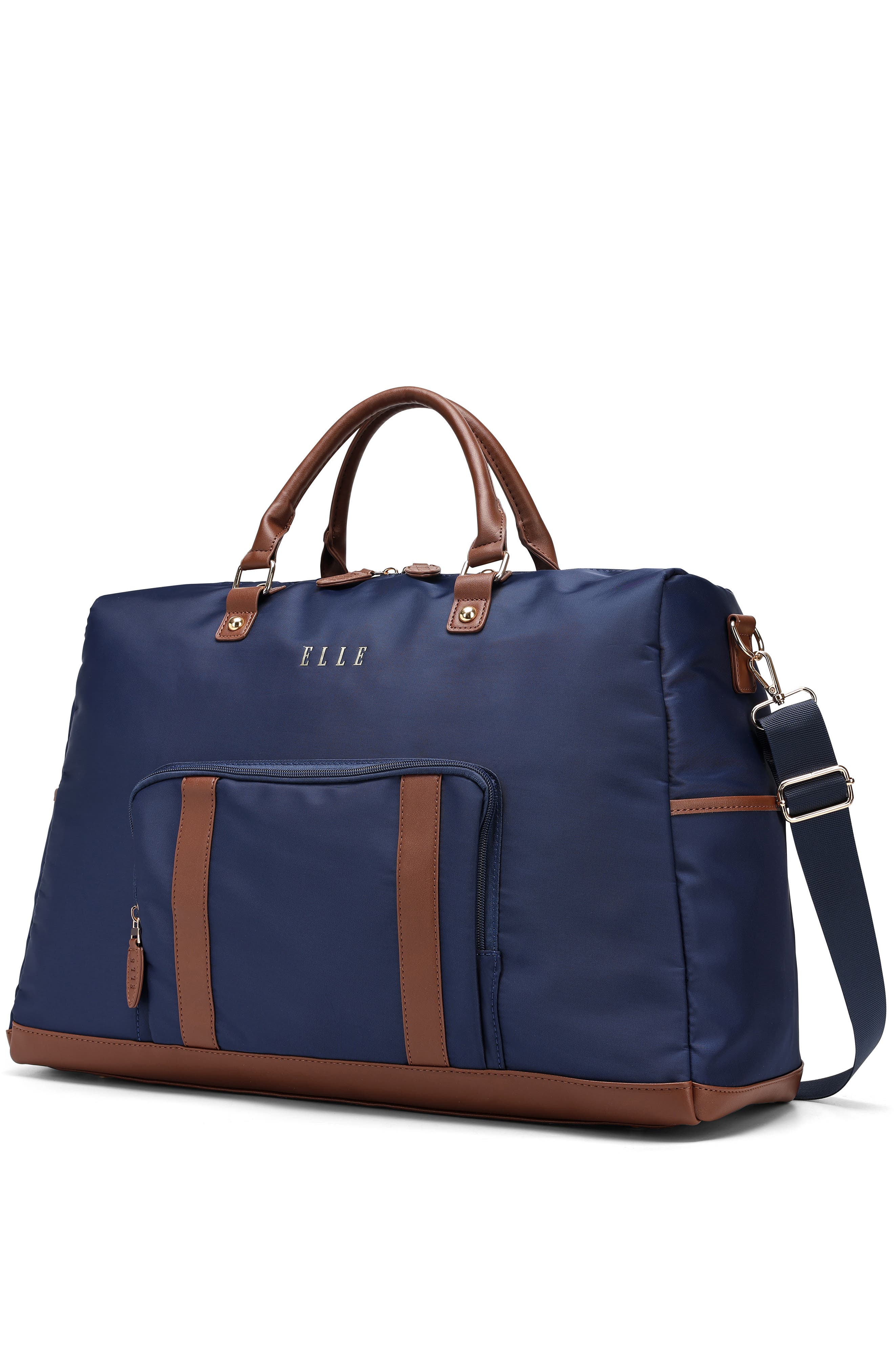 ELLE Luxe Journey 30L Twill and Vegan Leather Weekender Duffel Bag, Alternate, color, Navy