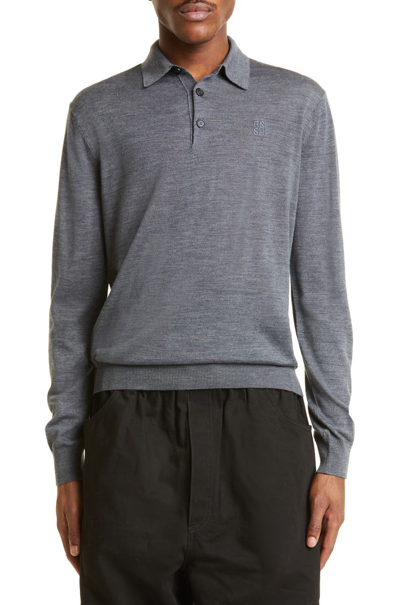 Raf Simons Embroidered Logo Long Sleeve Merino Wool Polo Sweater, Main, color, 