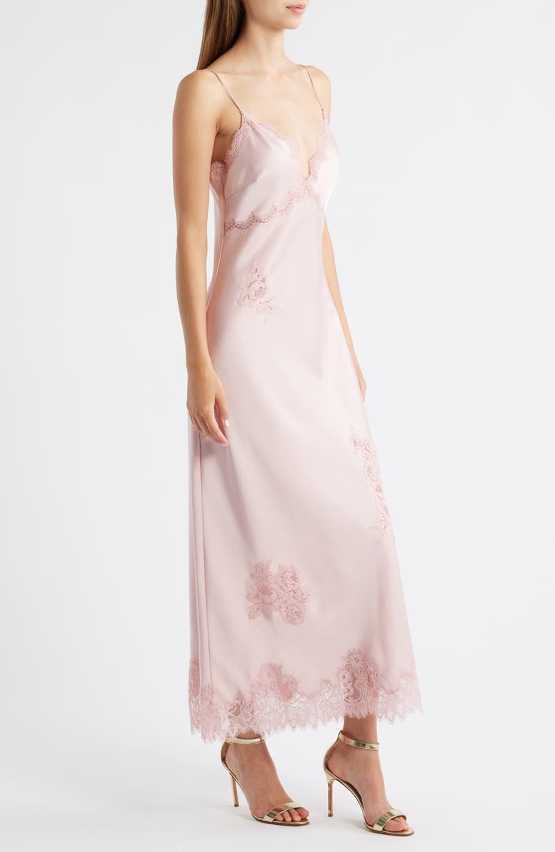 LoveShackFancy Sorone Lace Trim Satin Maxi Slipdress, Alternate, color, Quartz