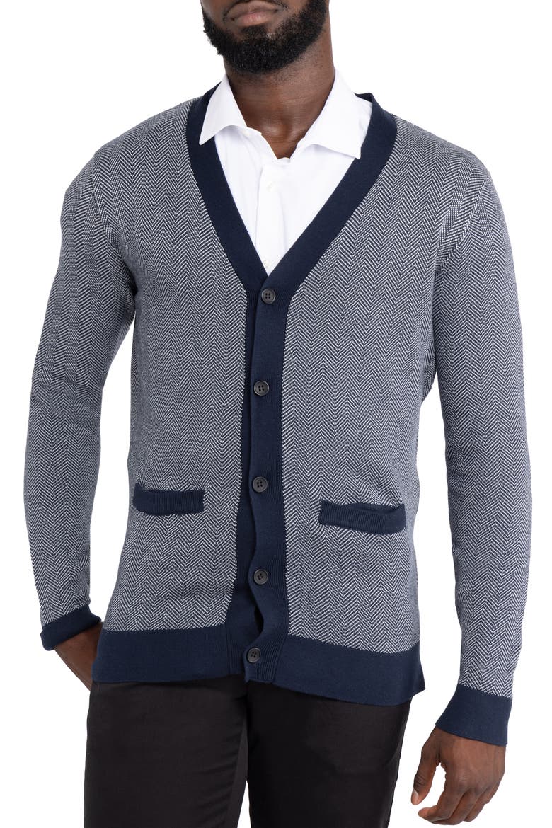 Herringbone V-Neck Button Front Cardigan, Main, color, WHITE/ NAVY
