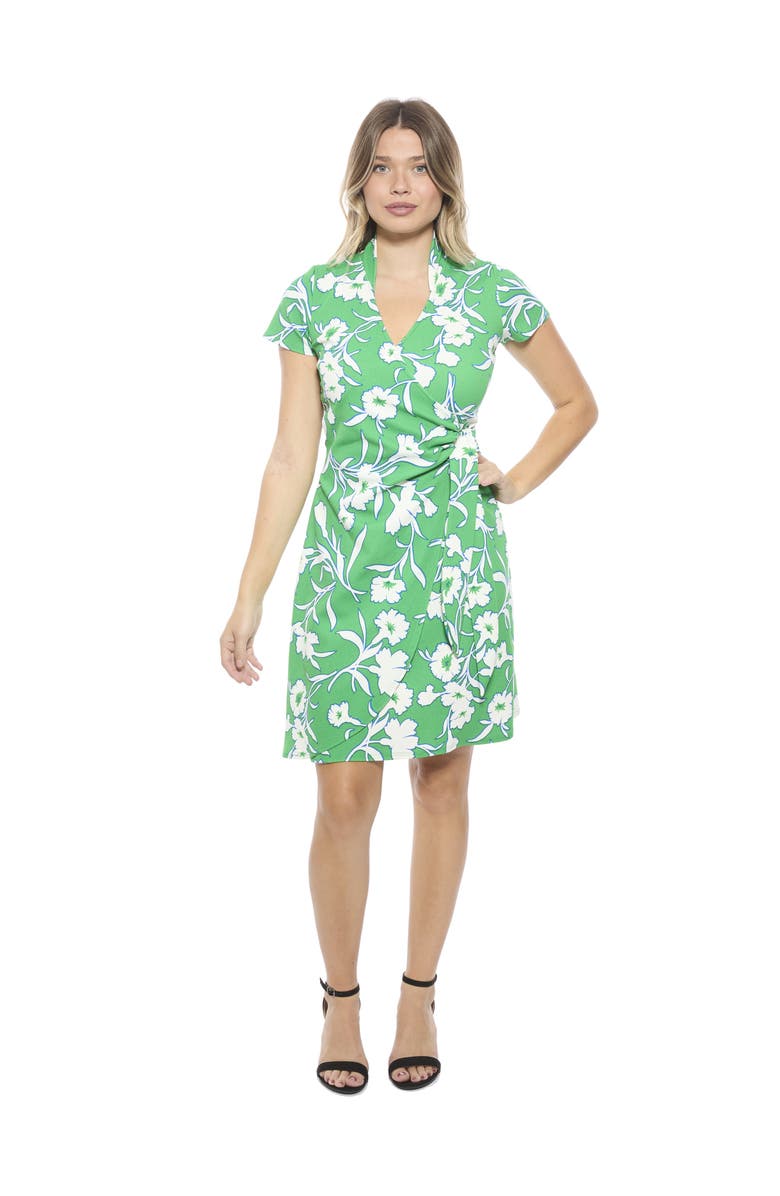 24seven Comfort Apparel Womens Floral Collar Knee Length Side Tie Wrap Dress, Main, color, Green Multi