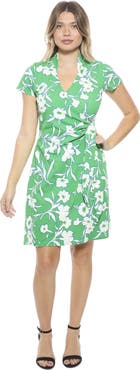 24seven Comfort Apparel Womens Floral Collar Knee Length Side Tie Wrap Dress