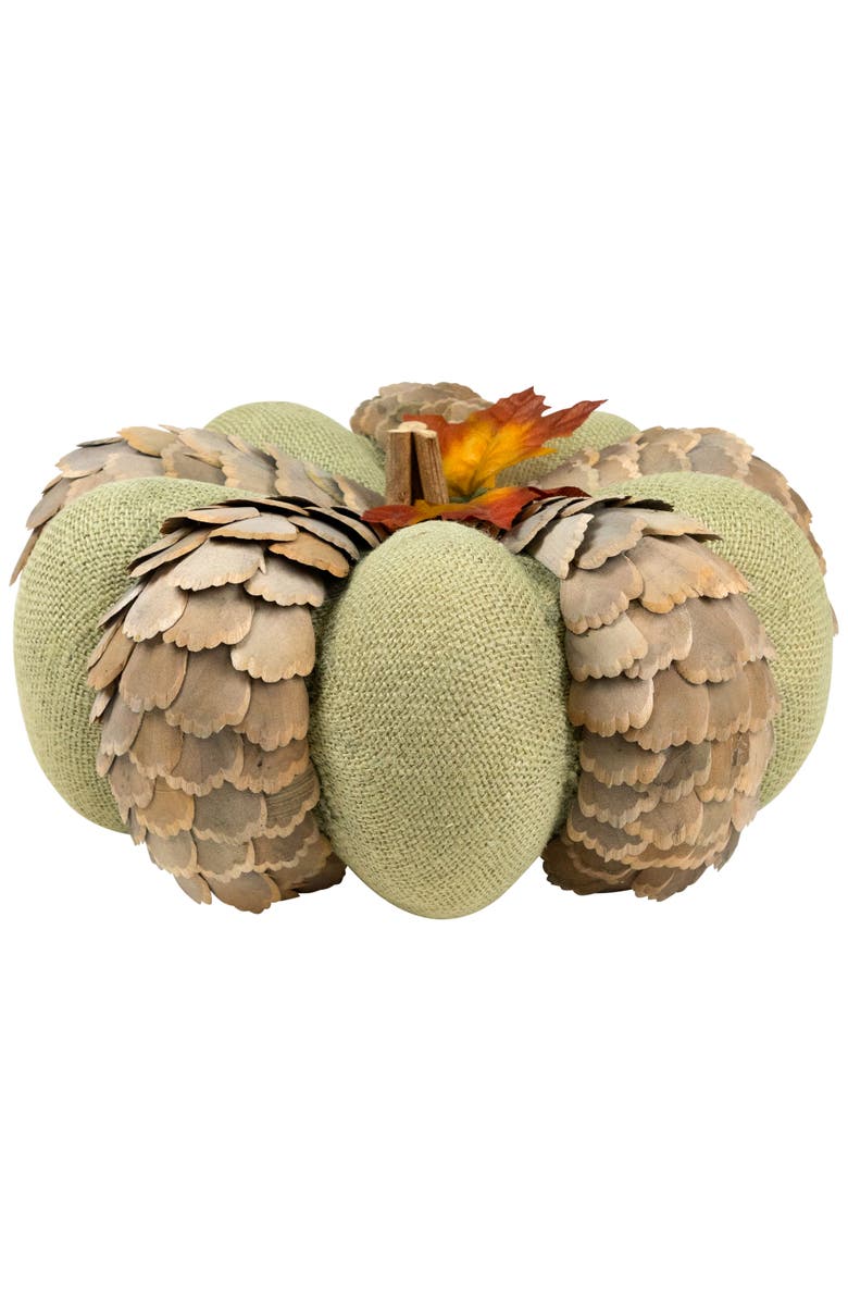 Northlight Layered Wood Petals and Burlap Fall Harvest Pumpkin - 10" - Green and Beige, Alternate, color, 