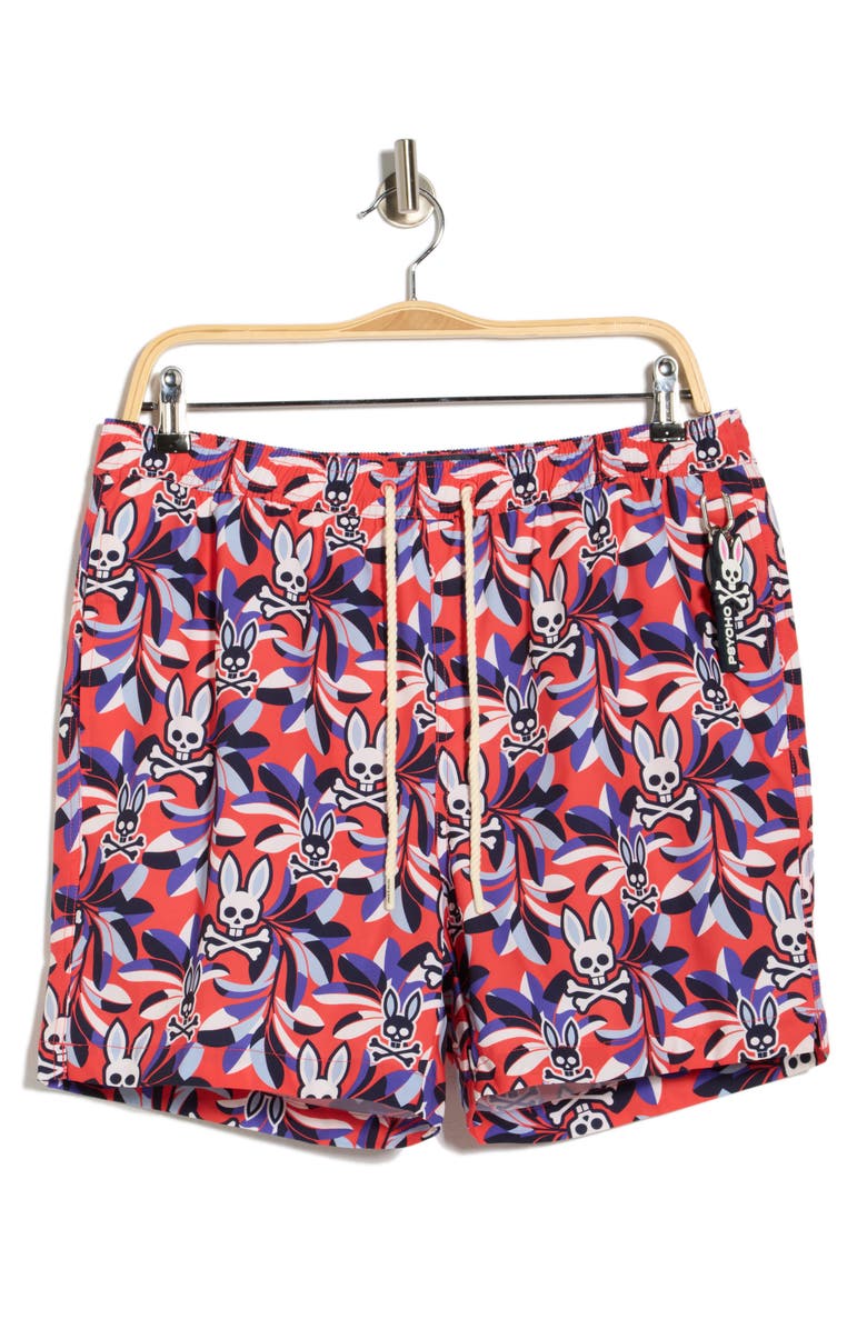Psycho Bunny Florian Print Swim Trunks, Main, color, Bittersweet