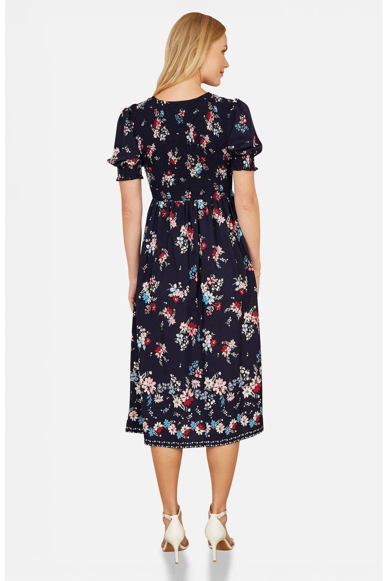Smocked Bodice Floral Ruched Midi Dress, Alternate, color, Navy