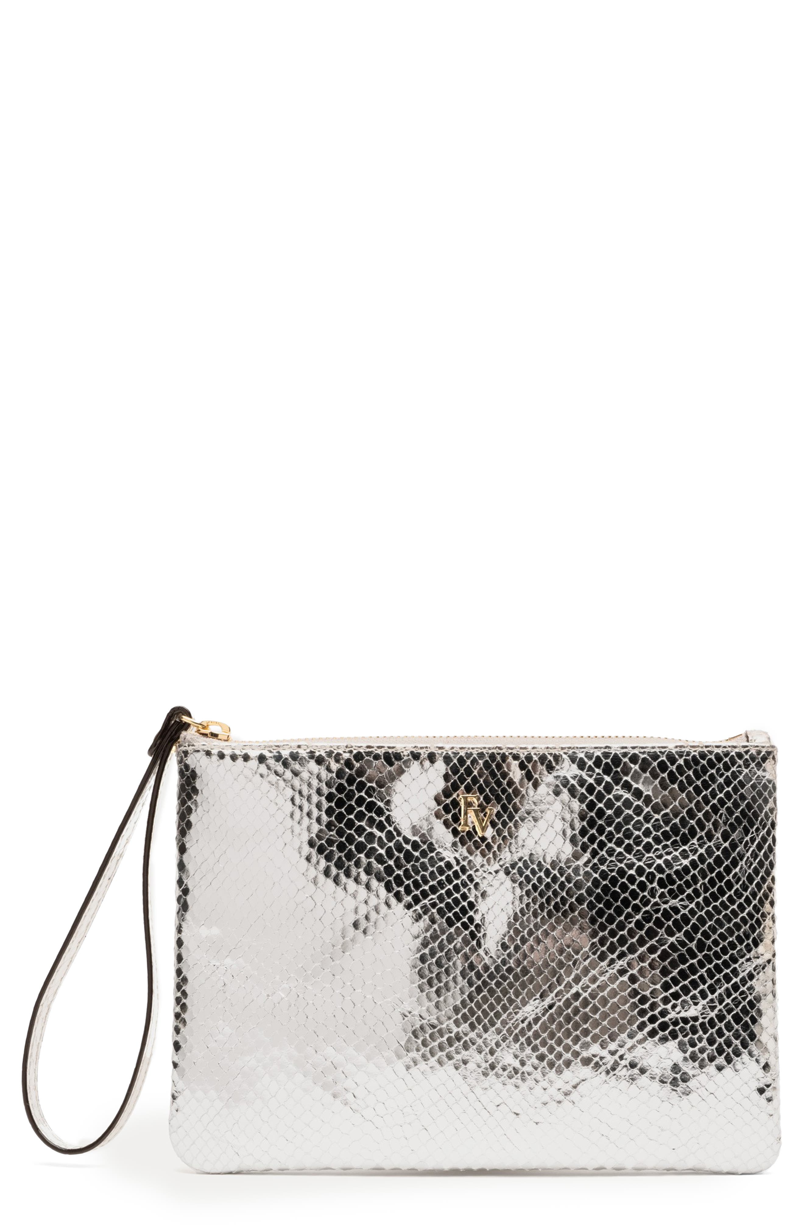 Frances Valentine Snakeskin Embossed Metallic Leather Wristlet, Main, color, Silver