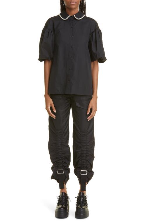 Simone Rocha Ruffle Trim Back Cutout Puff Sleeve Cotton Shirt In Black/pearl