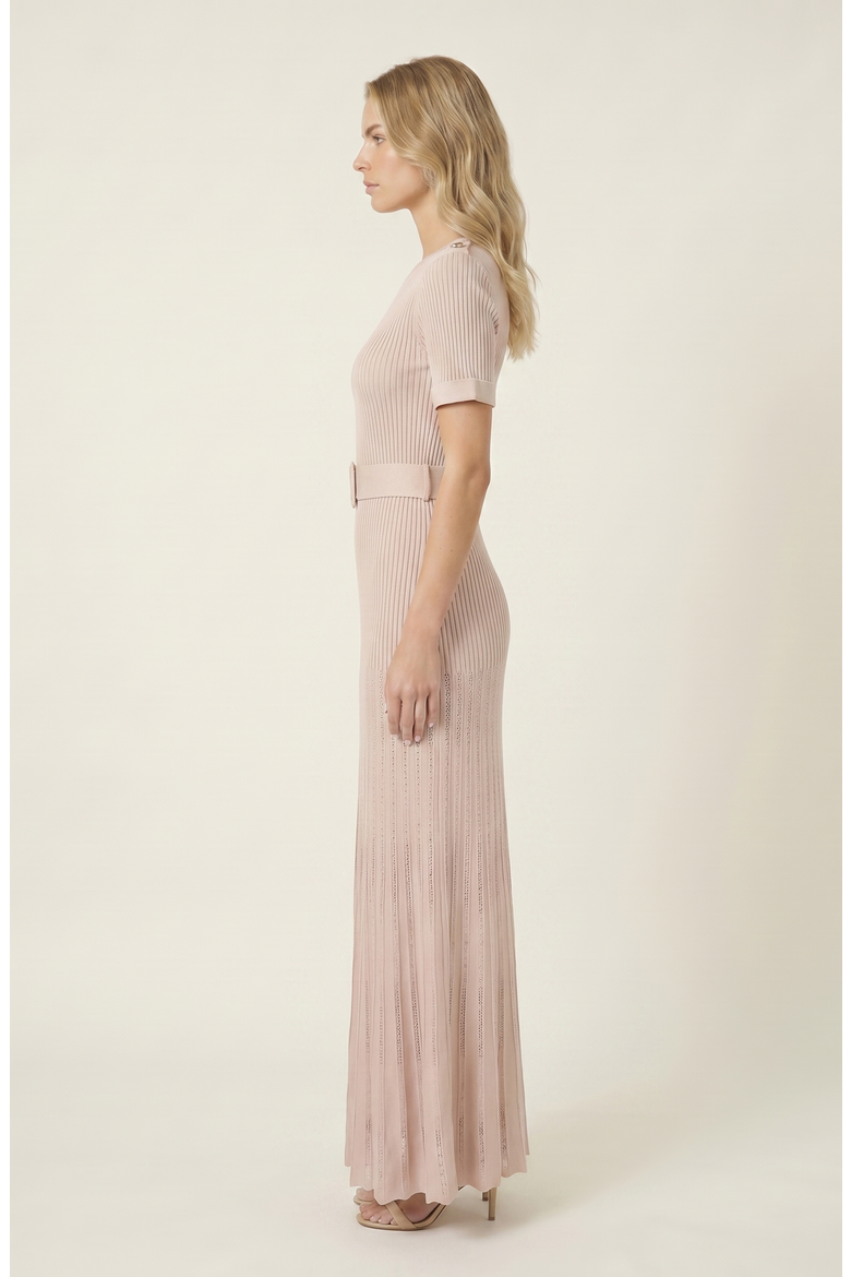 Ribbed Knit Belted Waist Pleated Midi Dress, Alternate, color, Beige