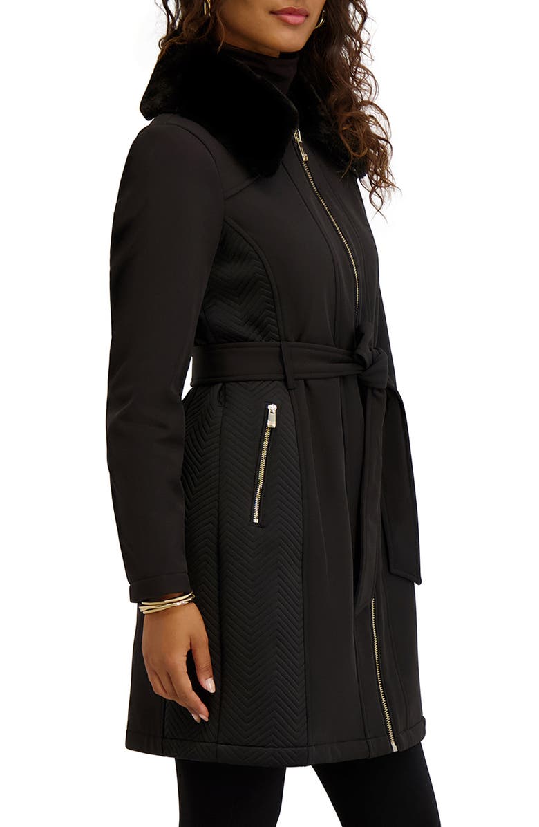 Kensie Faux Fur Collar Water Resistant Belted Softshell Jacket, Alternate, color, Black