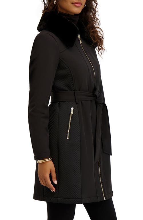 Kensie Faux Fur Collar Water Resistant Belted Softshell Jacket In Black
