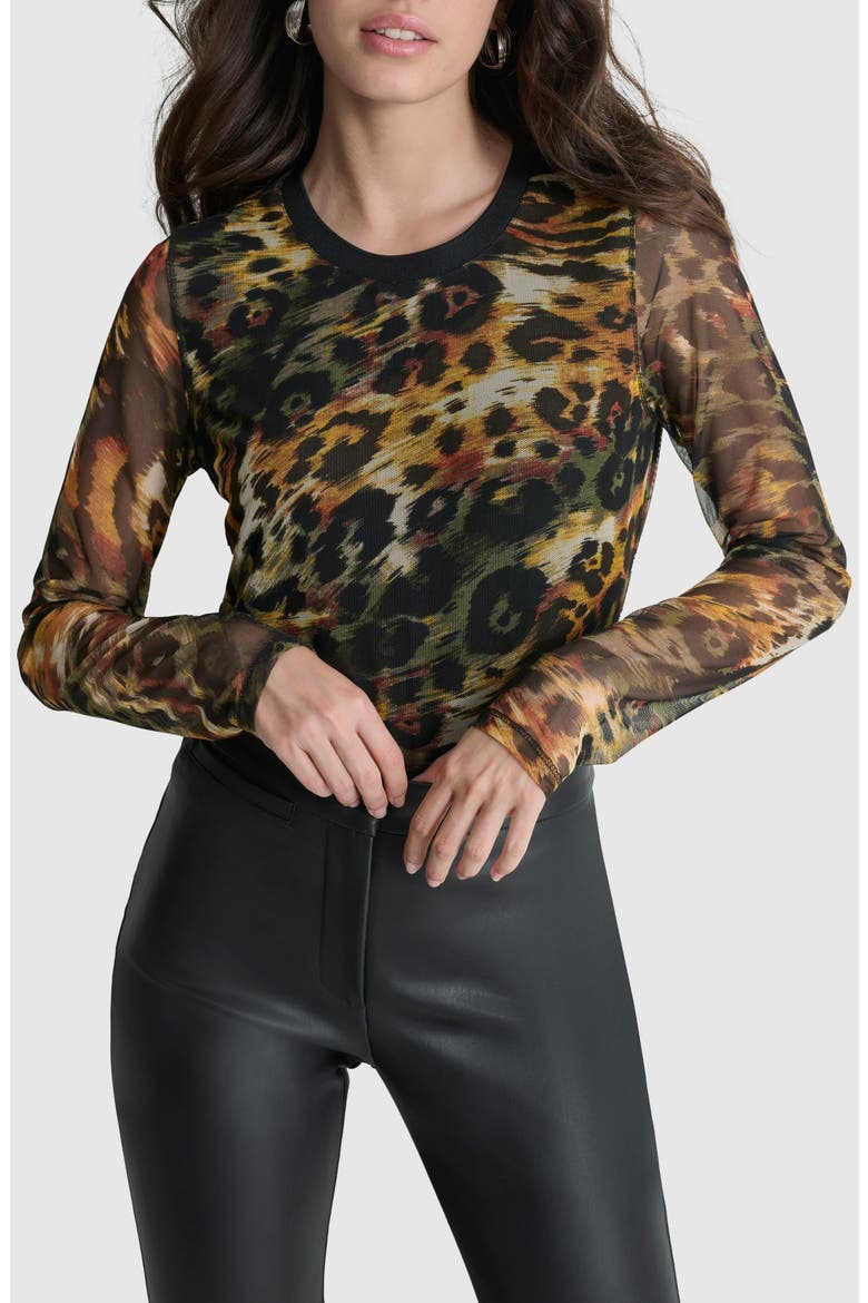 Print Long Sleeve Mesh Top, Main, color, ORANGE LEOPARD