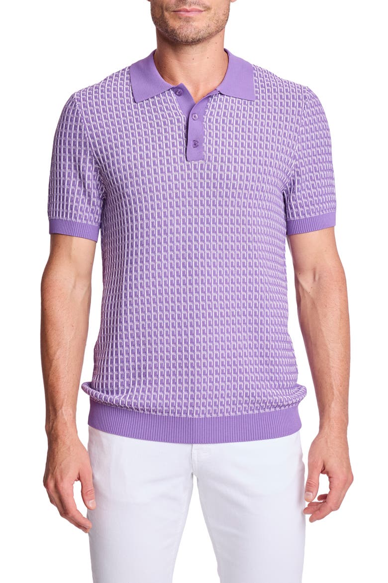 Trim Fit Geometric Knit Polo, Main, color, DEEP LILAC & WHITE