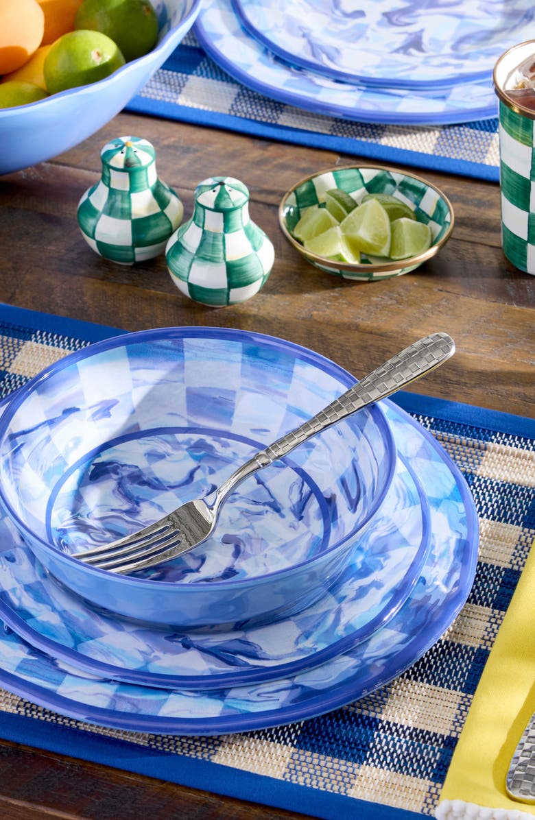 MACKENZIE CHILDS Blue Woven Check Set of 4 Straw Placemats, Alternate, color, Blue