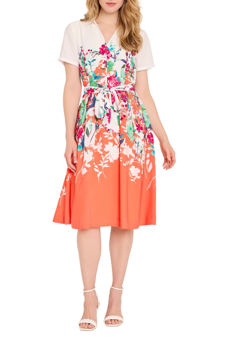 Floral Fit & Flare Dress, Main, color, CORAL FLORAL