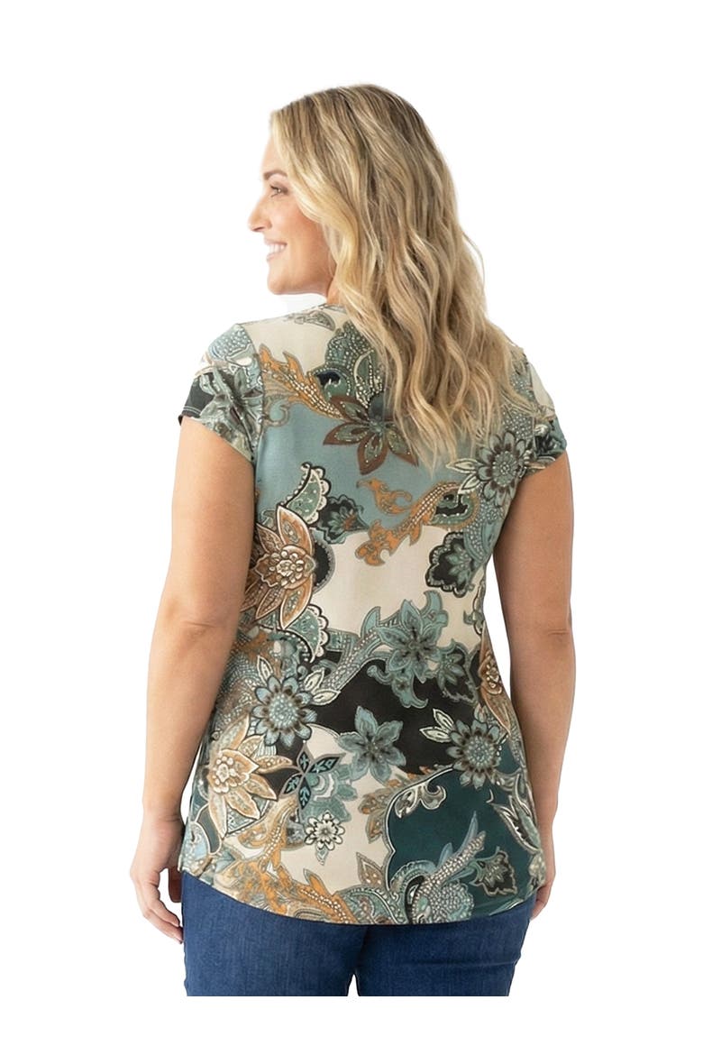 Curvy Basic Floral Print V-Neck Short Sleeve Flared Tunic Top, Alternate, color, Green Multi