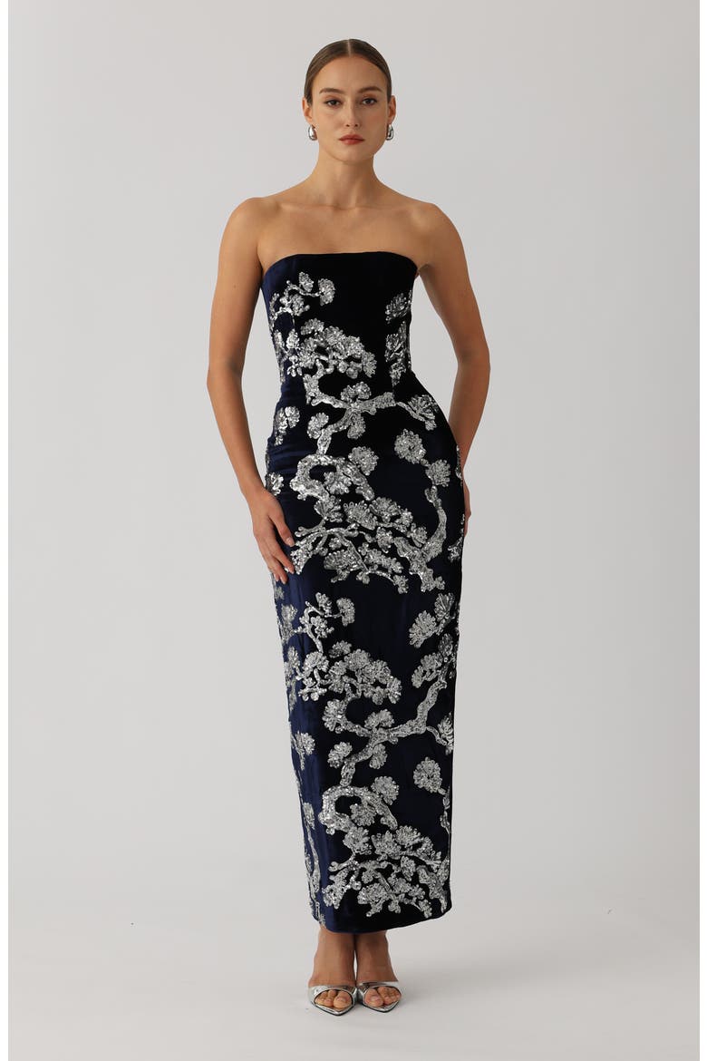 Ilsa Sequin Strapless Silk Velvet Sheath Gown, Alternate, color, MIDNIGHT BLUE
