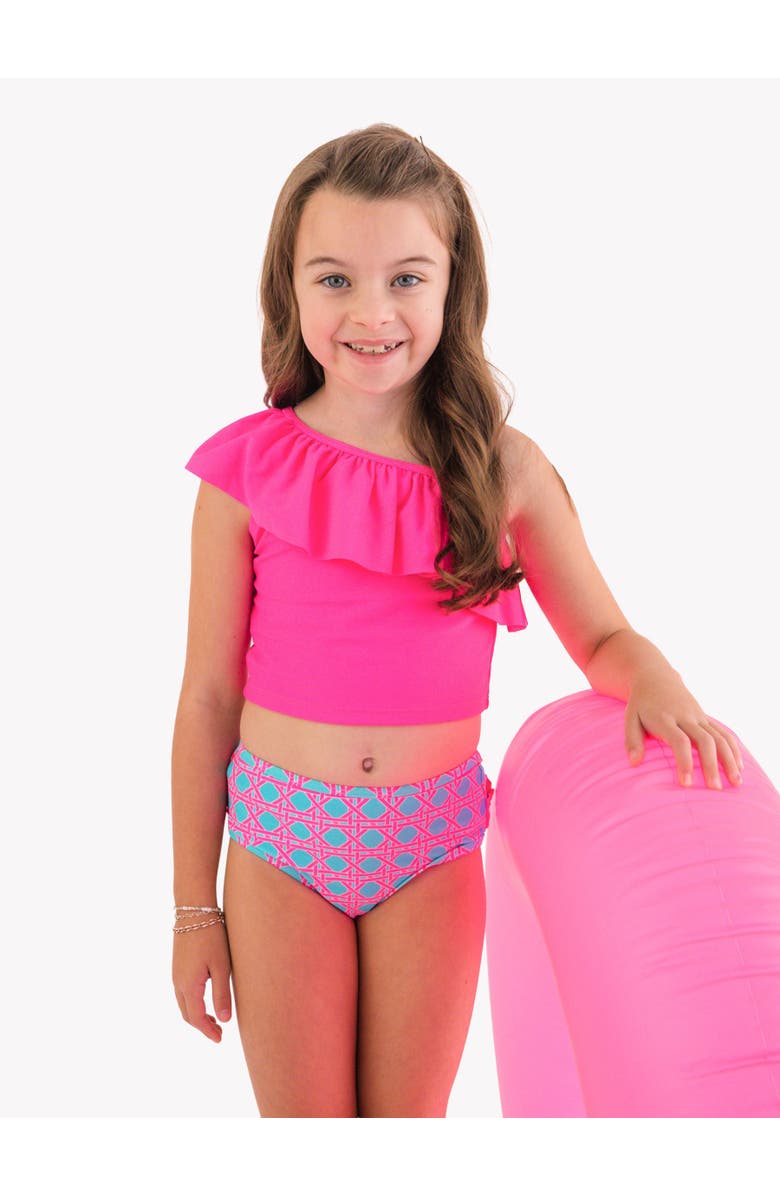 RuffleButts Girls One Shoulder Ruffle UPF50+ Tankini, Alternate, color, Neon Sorbet Cane
