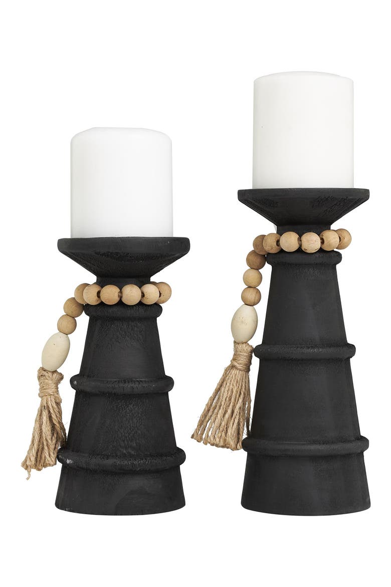 Set of 2 Wood Pillar Candle Holders, Alternate, color, BLACK