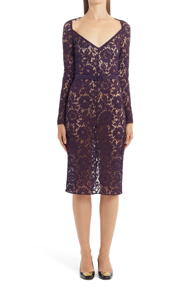 Long Sleeve V-Neck Lace Midi Dress, Main, color, RIPE PLUM Y82