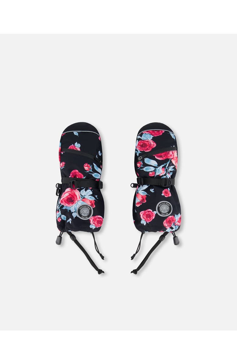 Deux par Deux Little Girl's Technical Mittens Black Printed Roses, Main, color, 