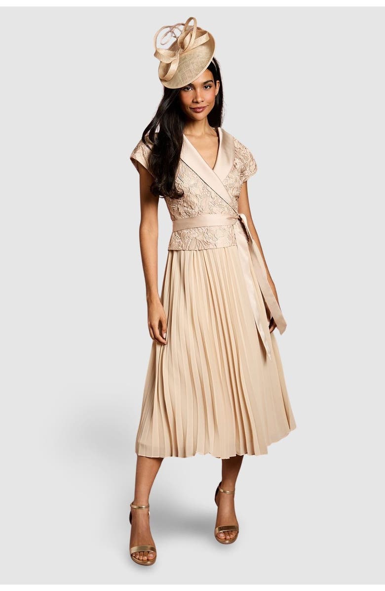 Coast Lace Wrap Top Pleat Tux Midi Dress, Main, color, Champagne