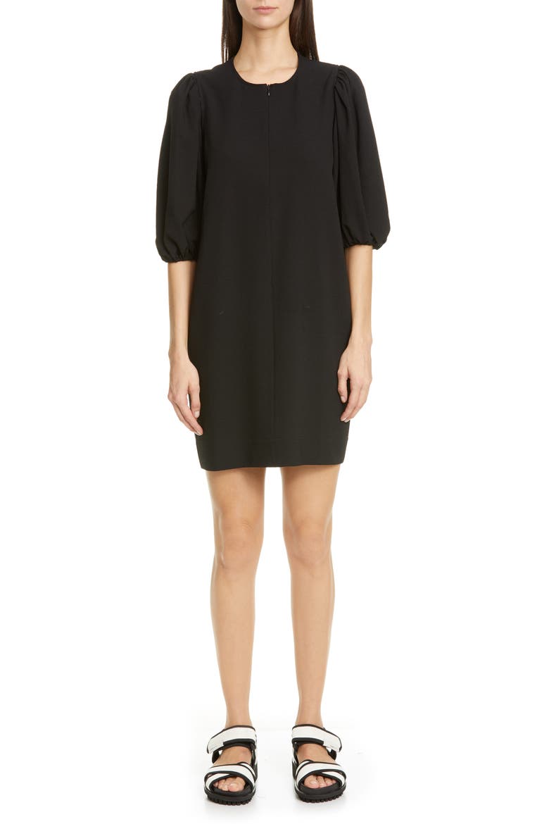 Puff Sleeve Heavy Crepe Shift Dress, Main, color, BLACK