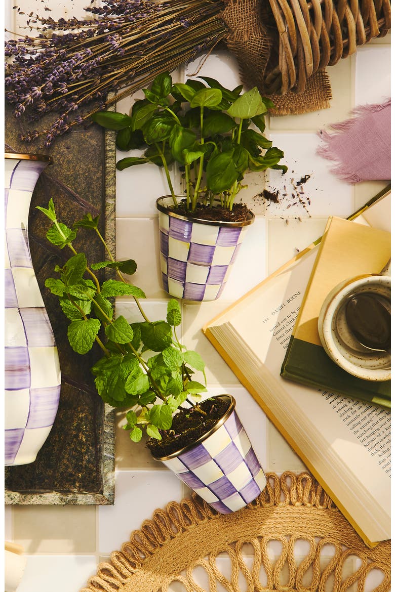 Violet Check Enameled Steel Set of 3 Herb Pots, Alternate, color, VIOLET