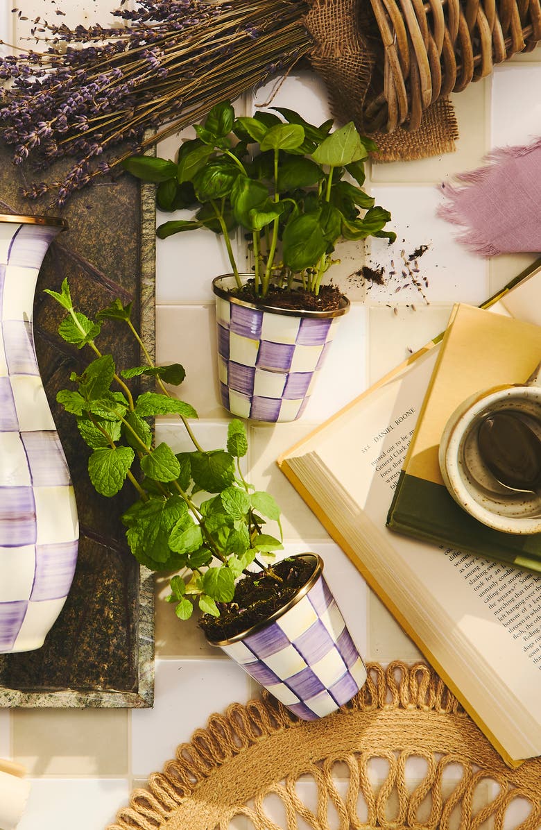 MACKENZIE CHILDS Violet Check Enameled Steel Set of 3 Herb Pots, Alternate, color, Violet