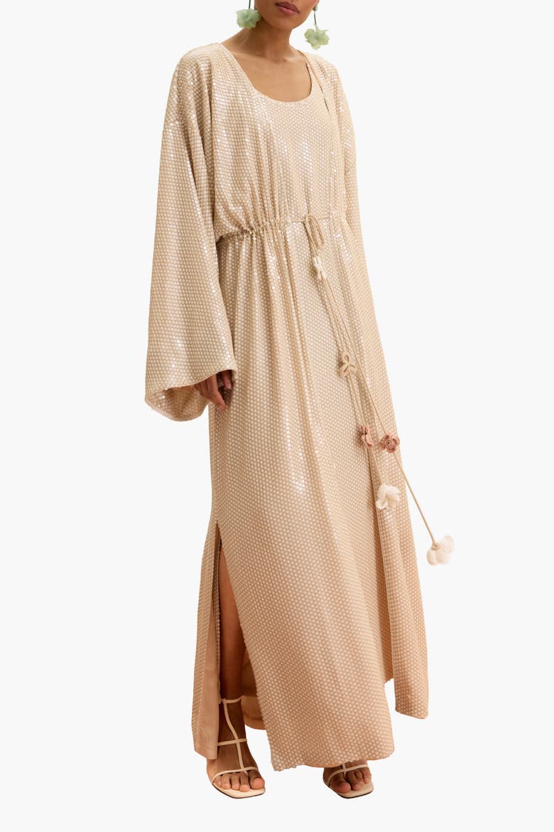 Sequin Cape With Floral Tassel Tie Waist, Alternate, color, Beige