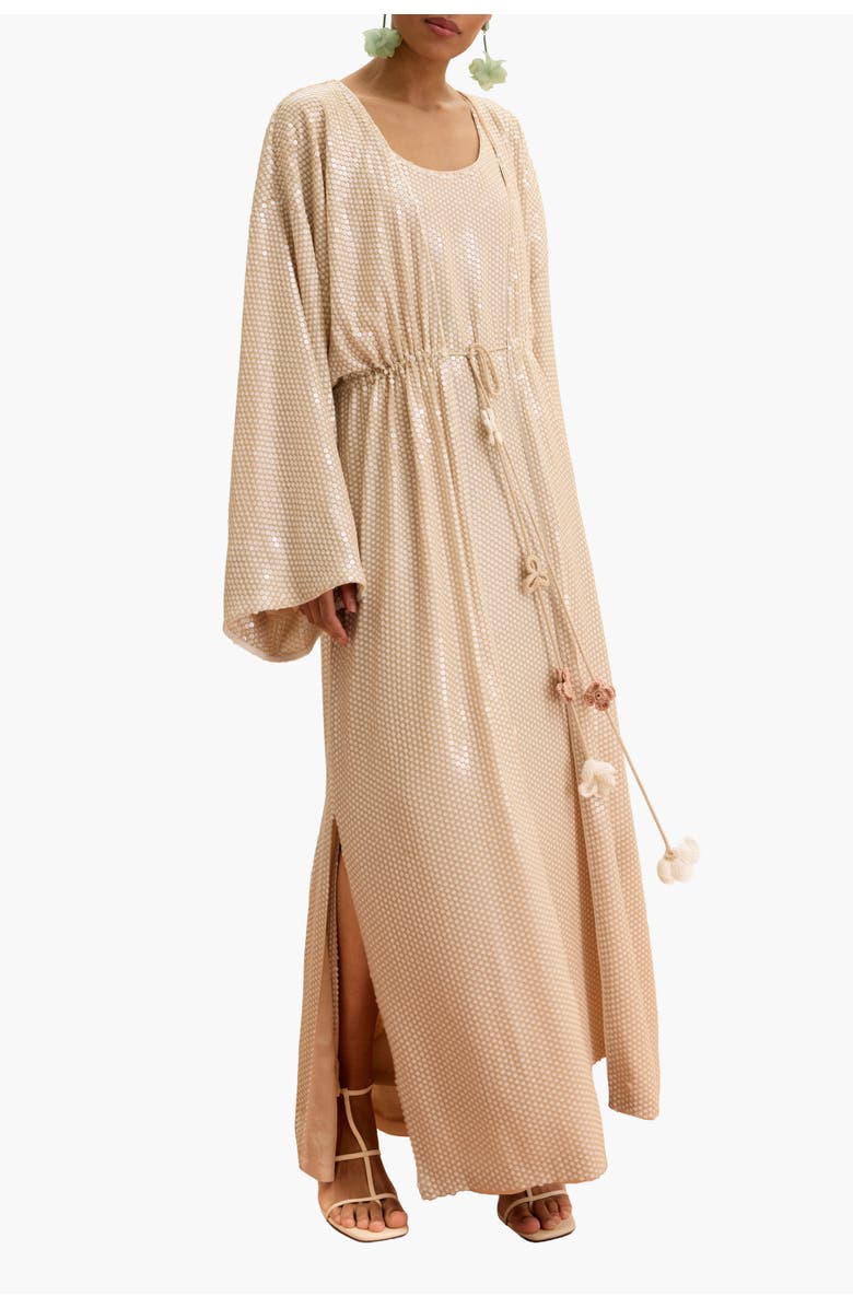 Malva Florea Sequin Cape With Floral Tassel Tie Waist, Alternate, color, Beige