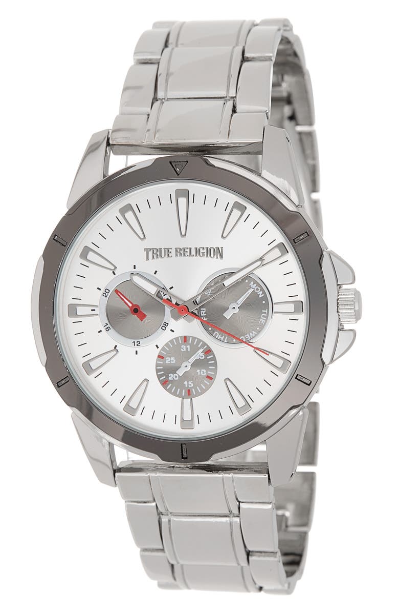 True Religion Chronograph Bracelet Watch, 44.1mm, Main, color, Silver
