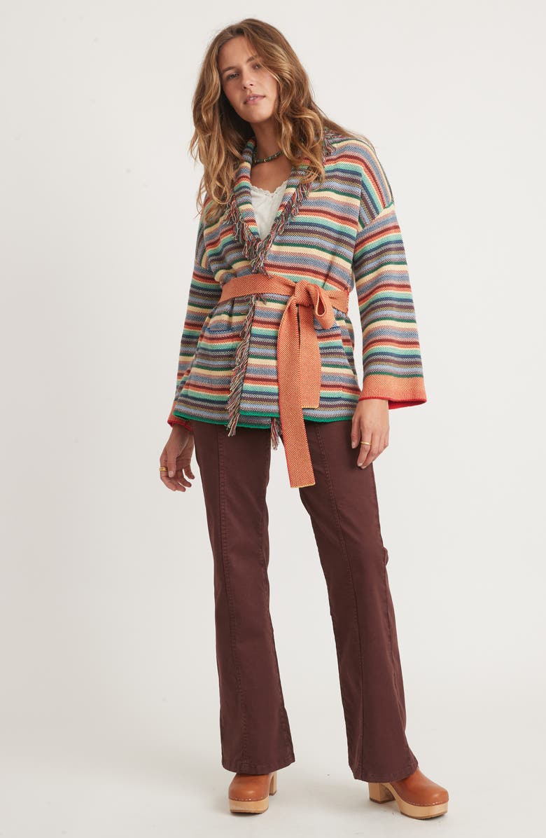 Marine Layer Alamere Fringe Tie Waist Organic Cotton Blend Cardigan, Alternate, color, Multi Stripe
