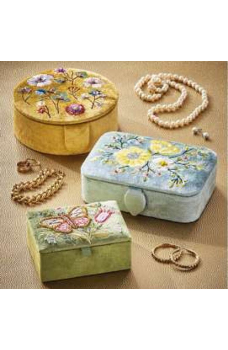 tag Floral Embroidered Round Box Yellow Multi Velvet Fabric Everyday, Alternate, color, Yellow